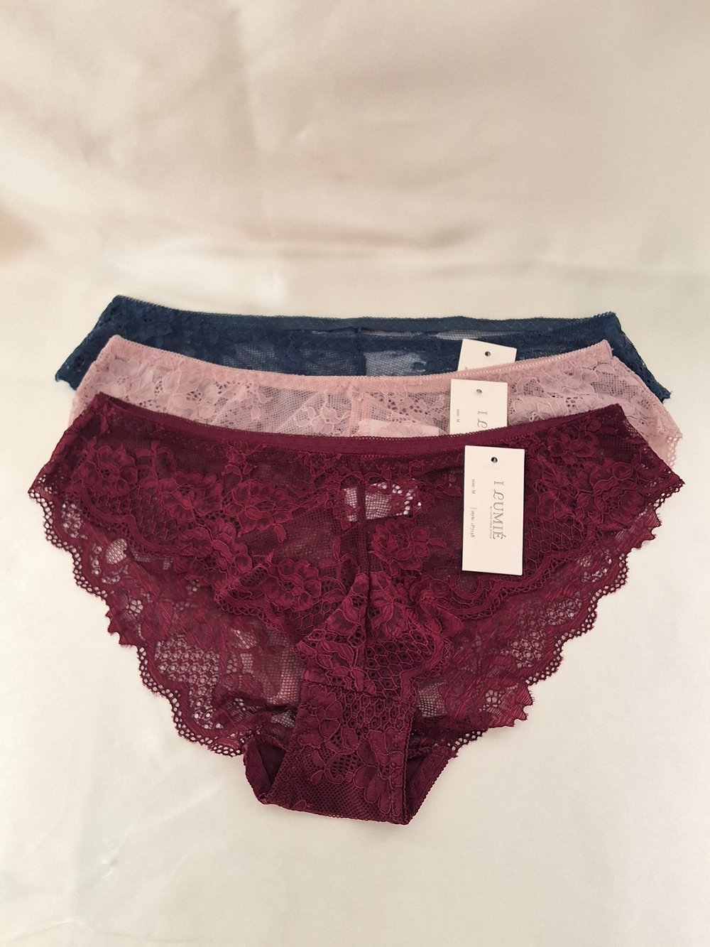 3-Pack Lace Bikini Panties in Burgundy, Blush, and Navy